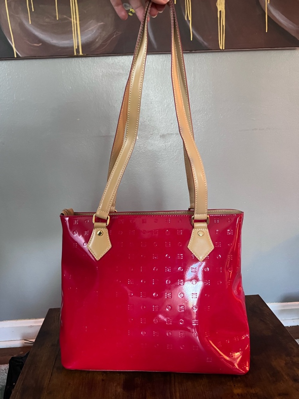 Arcadia vintage  Red Patent Tote with Tan Shoulder Straps